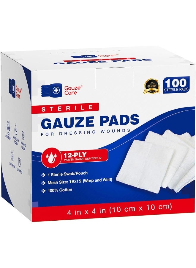Gauze Care 100pc Large Sterile Pads 4x4 Sterile for Wounds Bulk - 12ply Woven Sponges 4x4 Sterile - USP IV Breathable Mesh 4x4 Pads Sterile for Enhanced Absorption - First Aid Medical - Image 1